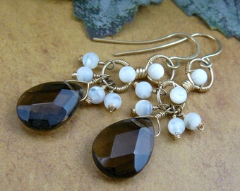 Smoky Quartz and Mother of Pearl Teardrop Briolette Drop Dangle Earrings