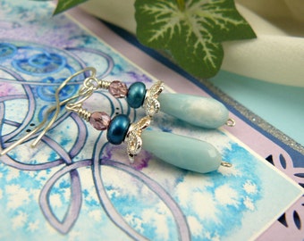 Amazonite Pearl and Sterling Silver Earrings, Watercolor Greeting Card, Celtic Knot Dragon, Two in One Gift, Card and Jewelry Bundle