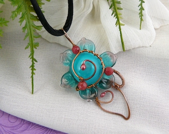 Teal and Turquoise Wire Wrapped Whimsical Lampwork Glass Flower Pendant