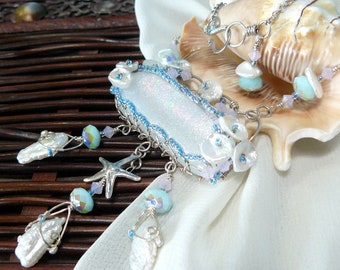 White Rainbow Dichroic Glass Wire Wrapped Necklace with Pearls