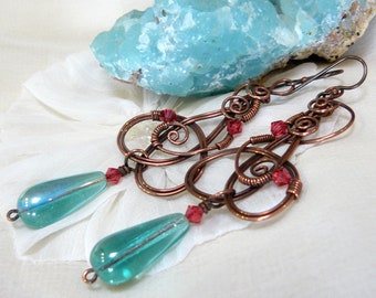 Copper Celtic Knot Dangle Earrings with Indian Pink Swarvski Crystals and Aqua Glass Teardrops