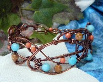 Whimsical Freestyle Copper and Bead Wire Wrap Cuff Bracelet