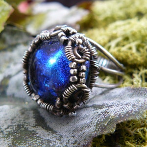 Dichroic Glass Ring ~ Glass Cabochon Ring ~ Blue Wire Wrapped Ring ~ Blue Dichroic Glass ~ Dichroic Cabochon Ring ~ Wire Wrapped Ring