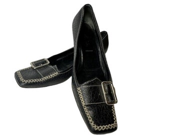 Women's Vintage Prada Black Leather Square Toe Buckle Heeled Mules Size 5