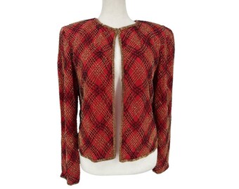 vtg Papell Boutique Evening Beaded Blazer Top Small Silk Red Gold Black Christmas