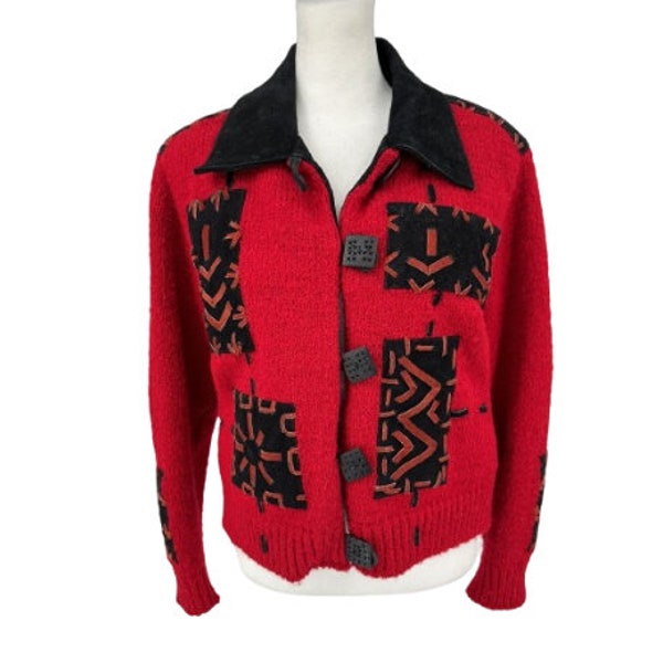 Vintage Sandy Starkman Leather Patch Cropped Red Sweater Jacket Medium Aztec Artsy