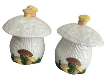 Ensemble de 2 boîtes de conserve champignons vintage en céramique