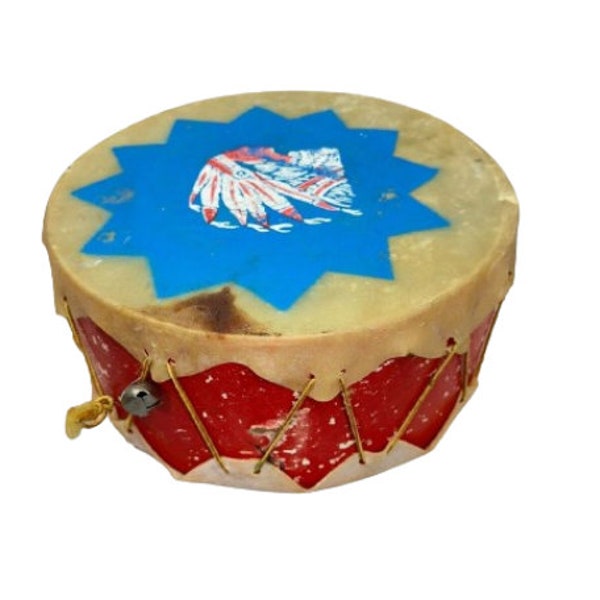 Vintage Native Drum Painted with Indian Chief on One Side Tea Pee Wood Rare