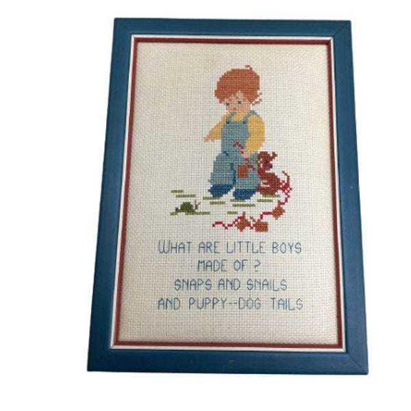 Vintage Needlepoint Boy Child Portrait Nursery Child Home Decor Wall Art