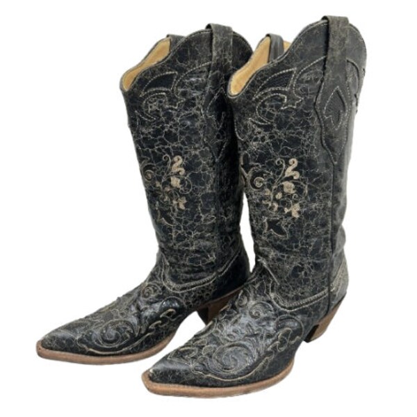 Corral Vintage Black Goat Skin Leather Lizard Inlay Cowboy C2108 Boots Sz 6