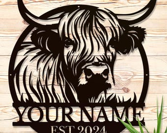 Personalized Highland Cow Name metal Signs,Custom Highland Cow Metal Shed Wall Decor,Black Metal Wall Art Decor Highland Cow Metal Signs