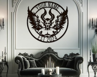 May include: Black metal wall decor featuring a winged demon with the text "YOUR NAME EST 2024" around the demon.