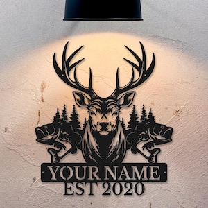 Decorazione murale personalizzata con cervi e pesci della foresta, cartelli in metallo personalizzati per campeggio e caccia, decorazione murale in metallo nero