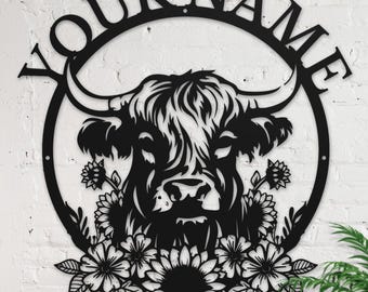 Personalized Highland Cow Name metal Signs,Custom Highland Cow Metal Shed Wall Decor,Black Metal Wall Art Decor Highland Cow Metal Signs