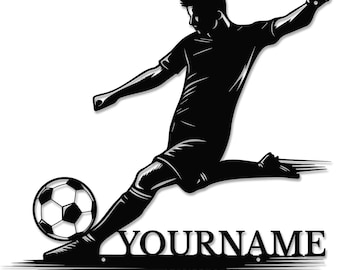 Decorazione murale in metallo personalizzata a tema calcistico, targa personalizzata con il nome del giocatore, regalo unico per gli appassionati di calcio, decorazione sportiva per la camera dei ragazzi o per la "man cave".