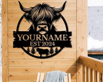 Decorazione murale in metallo personalizzata con mucca delle Highlands, decorazione murale con nome personalizzato, arredamento in stile fattoria