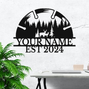 Decorazione murale in metallo personalizzata con nome, decorazione murale in metallo personalizzata per capannone, decorazione murale in metallo nero, cartelli personalizzati con il tuo nome (Chainsaw Forest)