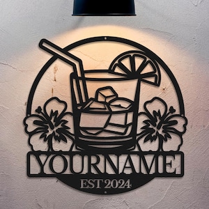 Personalized Cocktail Bar Metal Sign: Custom Name Art Decor