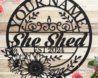 Personalized SHE SHED Flower Plant Name metal Signs,Custom Shed Metal Wall Decor,Black Metal Wall Art Decor,Home Metal Signs Plaques