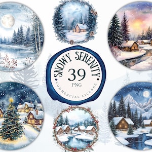 Round Watercolor Winter Landscape Snowy Winter Forest Clipart | Woodland Pine Trees | Winter Woodland PNG | Winter Journal | Commercial Use