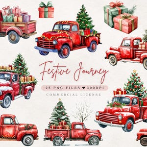Clipart de camión festivo de acuarela Clipart de camión de invierno / Árbol rojo y verde en camión de invierno / Clipart de camión rojo Decoración festiva Clipart de invierno