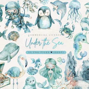 Onder de zee clipart Sealife aquarel zeedieren clipart | Oceaan kinderkamerdecoratie Zee babyshowerdecoratie | Dolfijn, walvis, schildpad, zeemeermin