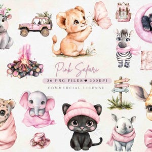 Clipart de safari en acuarela, lindos animales de la jungla de safari rosa, animales salvajes PNG / Paquete de fiesta de cumpleaños de safari / Decoración de guardería / Descarga digital