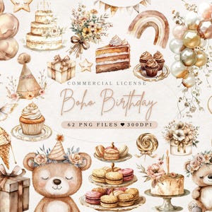Boho Birthday Clipart Gender Neutral Clipart, Boho Baby Shower Neutral Decor, Baby Birthday Clipart | Miś, Balony, Tort, Prezenty