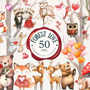 Clipart di San Valentino ad acquerello Dolce animale del bosco PNG / Clipart di amore animale / Animali carini PNG / Clipart di cuccioli di animale / Uso commerciale