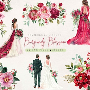 Clipart floral fleurs bordeaux Clipart fleur aquarelle | Clipart mariage | bordures florales | Utilisation commerciale PNG | Bouquets de fleurs PNG