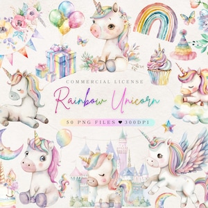 Acquerello arcobaleno unicorno Clipart Magic Baby Unicorn PNG, Baby Shower Clipart arcobaleno unicorno, simpatico unicorno compleanno Decor - uso commerciale