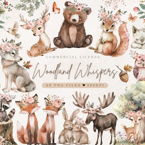 Aquarell Waldtiere Clipart, Floral niedliche Waldtiere PNG, Waldtiere Kinderzimmer Dekor, niedlichen Wald Baby Dusche Clipart