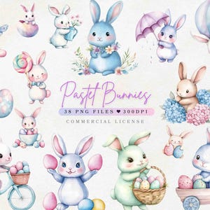 Watercolor Cute Bunny Clipart Cute Animals Clipart Pastel bunnies PNG | Cute Bunny PNG | Digital Graphic Illustrations | Commercial Use