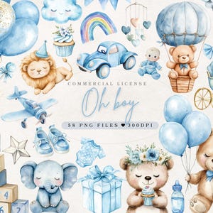 Clipart de baby shower azul, clipart de baby shower de niño, clipart de animales lindos para bebés, decoración de animales para baby shower, clipart de bebé azul / osito de peluche, elefante, león