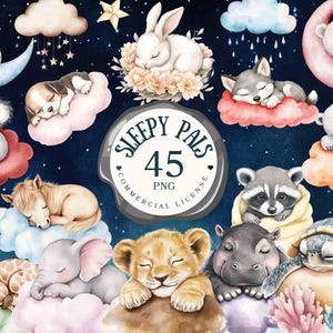 Watercolor Sleepy Animals Clipart Cute Baby Animals PNG Sleeping Animals on Cloud | Baby Shower Clipart | Nursery Decor | Commercial License