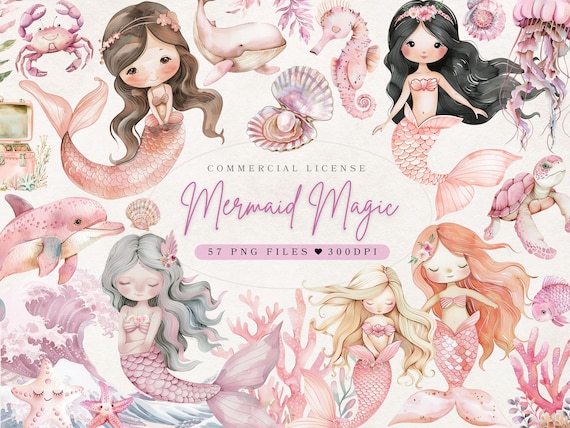 Watercolor Mermaid Clipart Mermaid Magic, Cute Mermaid Clipart, Sealife Clipart, Cute Sea Animals Clipart Baby Nursery Decor Magical Clipart