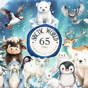 Aquarell Arktis Tiere Clipart Süßes Baby Tier PNG | Polartiere | Kinderzimmer Clipart | Winter Clipart | Eisbär,Robbe,Rentier,Pinguin