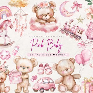 Aquarell Rosa Baby Shower Clipart Baby Dusche Rosa Baby Mädchen Clipart | Rosa Gender Reveal Clipart | Rosa Kinderzimmer Dekor | Kommerzielle Nutzung