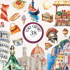 Watercolor Italy Clipart Italian Landmark Italian Architecture PNG | Italian Food | Italian Landscape | Scrapbooking | Commercial License