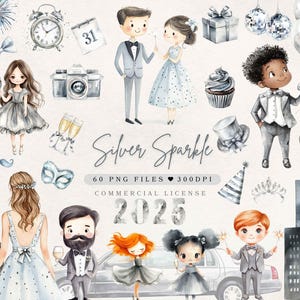 Clipart nouvel an aquarelle PNG Nouvel An Clipart nouvel an argent | Bonne année PNG Fête des cliparts | Clipart mignon célébration du nouvel an