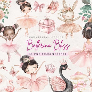 Clipart de bailarina de acuarela para baby shower, decoración de guardería rosa, arte de pared de guardería, niña bailarina rosa PNG, clipart de cisne - Licencia comercial