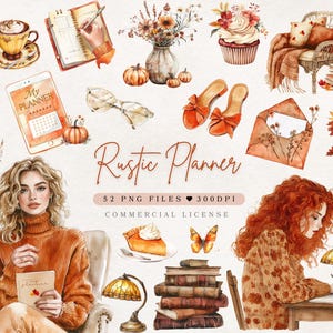 Clipart de Outono em Aquarela Clipart de Outono Aconchegante Clipart de Planejador de Outono, Planejador de Outono Neutro PNG, Garota Planejadora PNG, Adesivos de Outono Uso Comercial