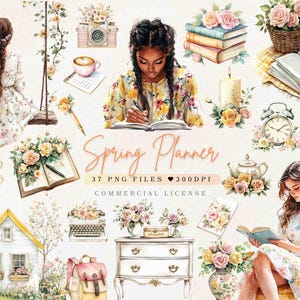 Stickers aquarelle printanier Clipart Floral Planner | Agenda Girl PNG | Clipart de journal indésirable | Clipart Cottagecore | Clipart amateur de livres