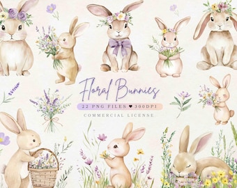 Clipart lapin aquarelle pastel printanier PNG Lapins floraux et fleurs sauvages | Lapin mignon PNG | Clipart chambre d'enfant | Clipart printemps