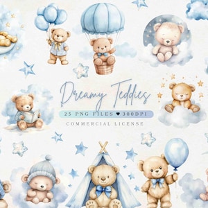 Aquarelle bleu ours en peluche clipart - ours en peluche endormis - ours en peluche bleu sur la lune, ours en peluche mignon, clipart chambre d'enfant, clipart baby shower garçon
