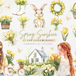 Aquarel tulpen clipart gele lentebloemen png | Lentebloemen clipart gele lente clipart | Gele tulpenkrans schattig konijntje, png