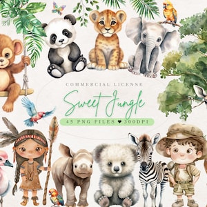 Aquarelle doux animaux de la jungle Clipart animaux mignons bébés animaux décoration chambre d'enfant | Clipart animaux de safari | Baby Shower Animaux De La Jungle PNG