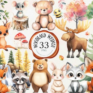 Schattige bosdieren clipart aquarel bosbabys bosdieren png| Kwekerij-clipart | Woodland babyshower clipart | Commercieel gebruik