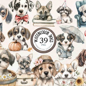 39 Aquarell Hund Clipart Hunderassen PNG Süße Hunde Clipart Bundle | Welpe Clipart | Welpen Porträts |Hundesublimationsdesigns |Kommerzielle Nutzung