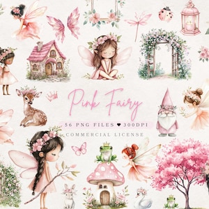 Clipart fata rosa Clipart compleanno bambina Decorazione compleanno rosa Acquerello Baby shower rosa Fata rosa PNG Clipart magico Clipart fantasy
